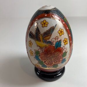 Vintage K’s Collection Hand Painted China Egg Birds Flowers Green Red Golden
